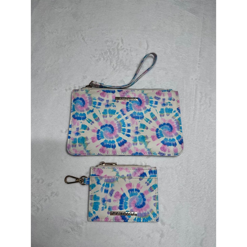 Rampage Blue Pink Tie Dye Wristlet and Card Holder Set Faux Leather Gold Tone